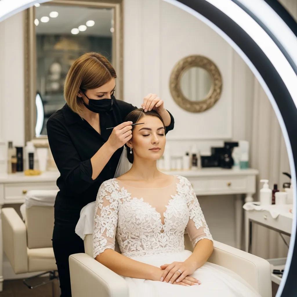 Bride receiving eyebrow threading in a salon, highlighting bridal beauty preparation
