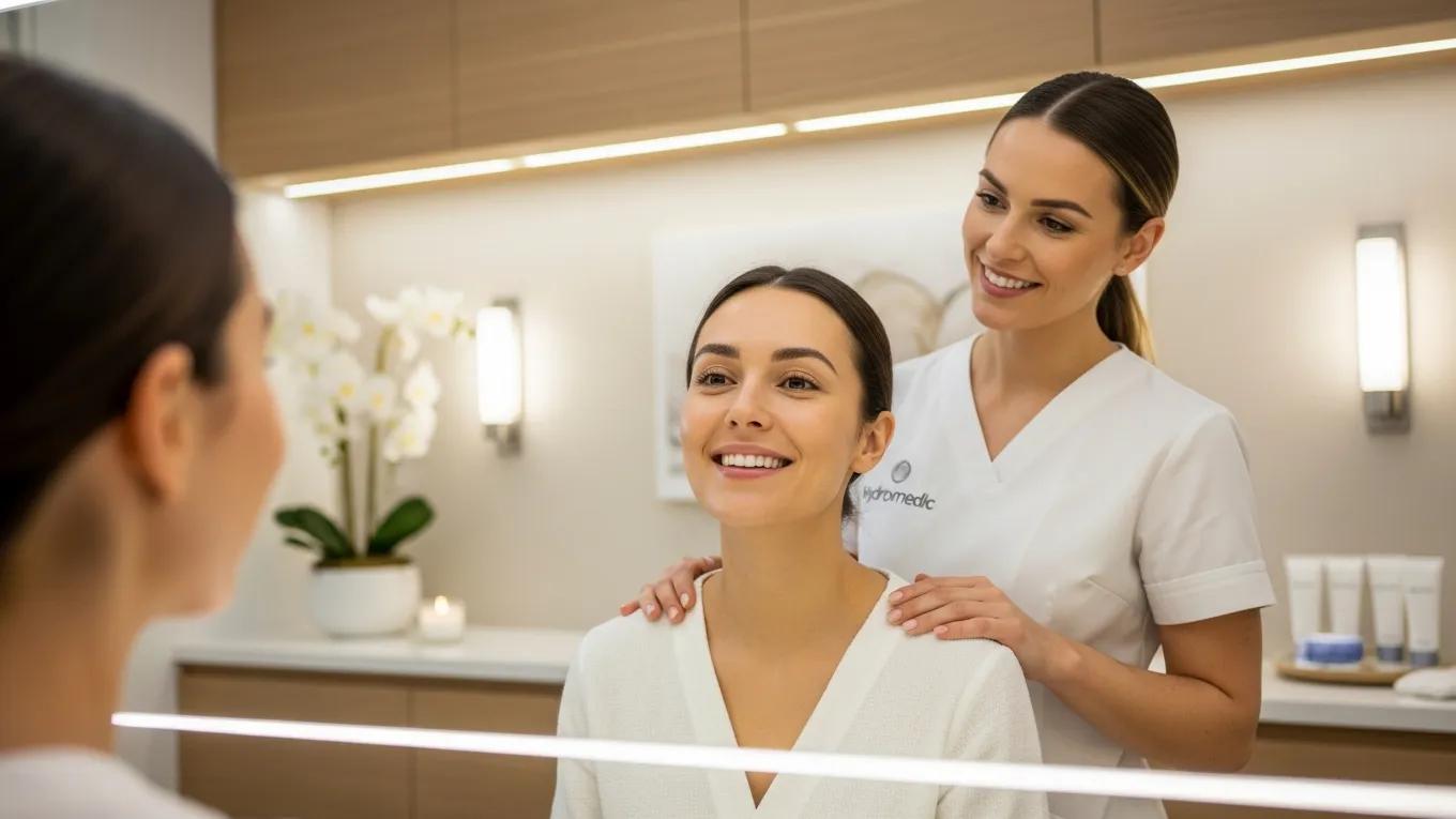 Satisfied client admiring clear skin after Hydromedic facial treatment at a spa
