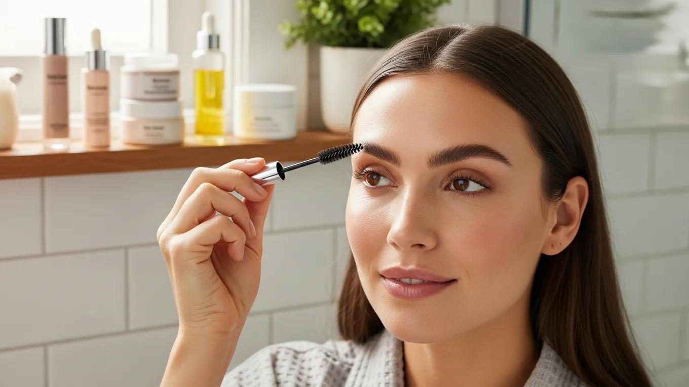 Woman brushing her laminated brows in a cozy bathroom, with brow serum and skincare products in the background