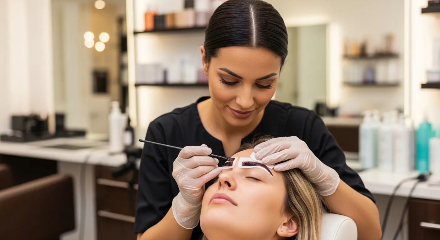 Professional applying eyebrow tint in a salon setting