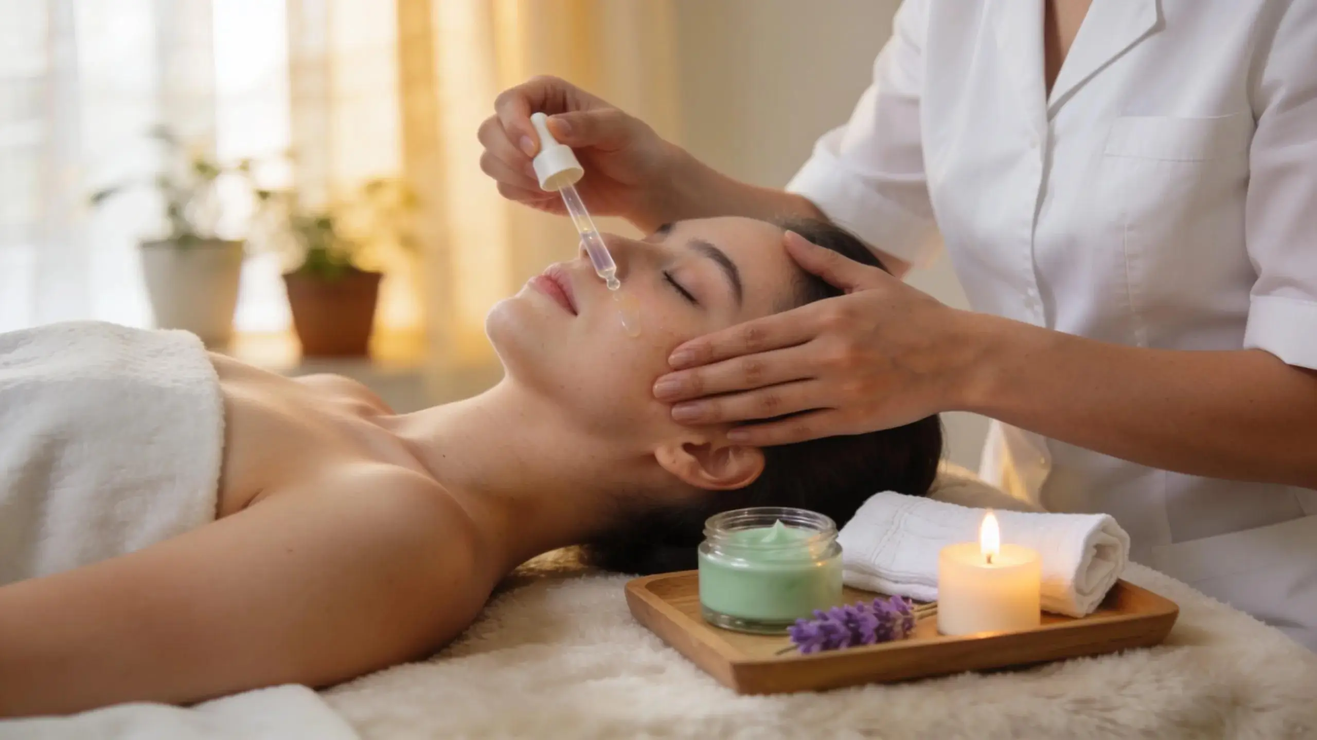 Client receiving a facial treatment in a calming spa environment with skincare products