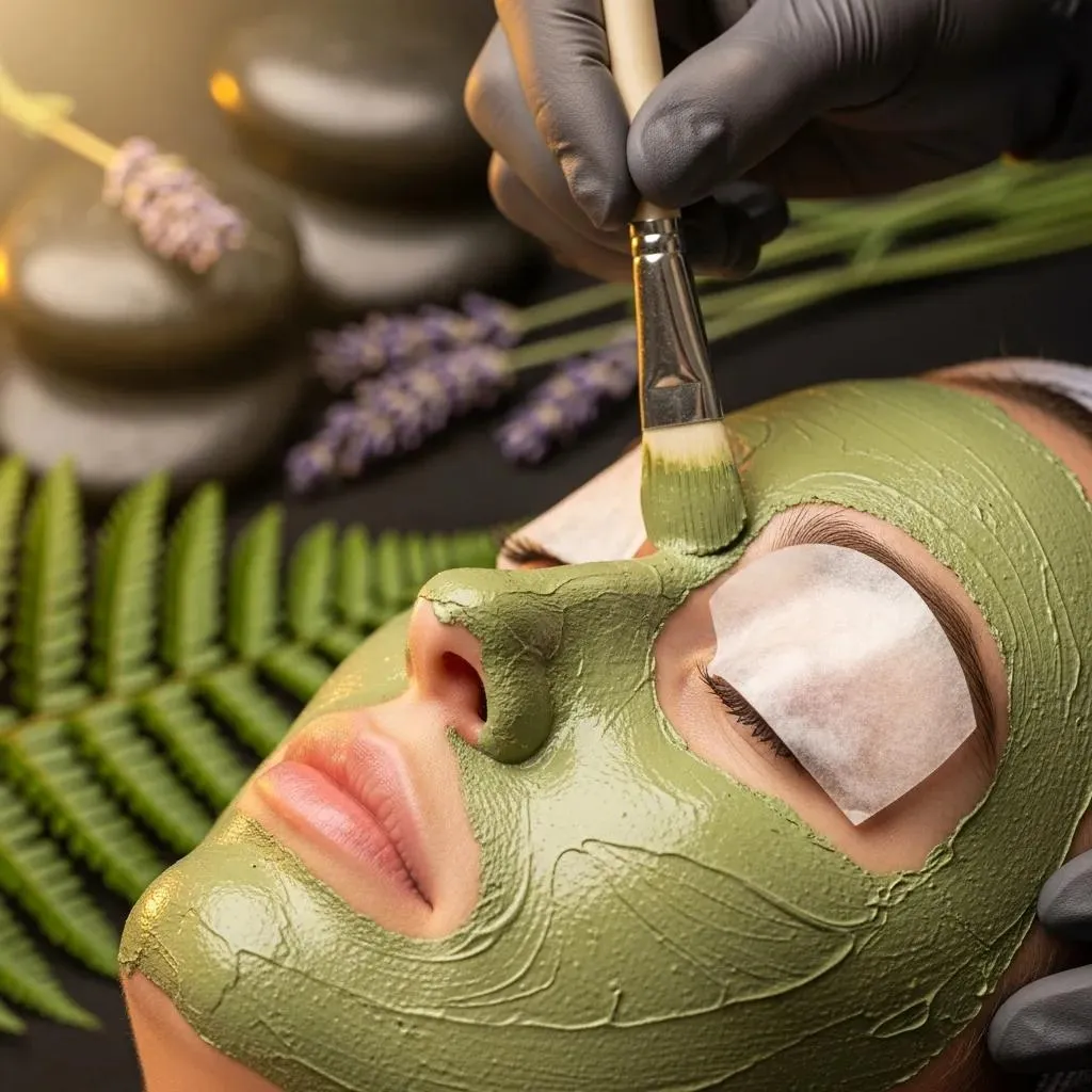Close-up of a clay mask being applied during a detox facial