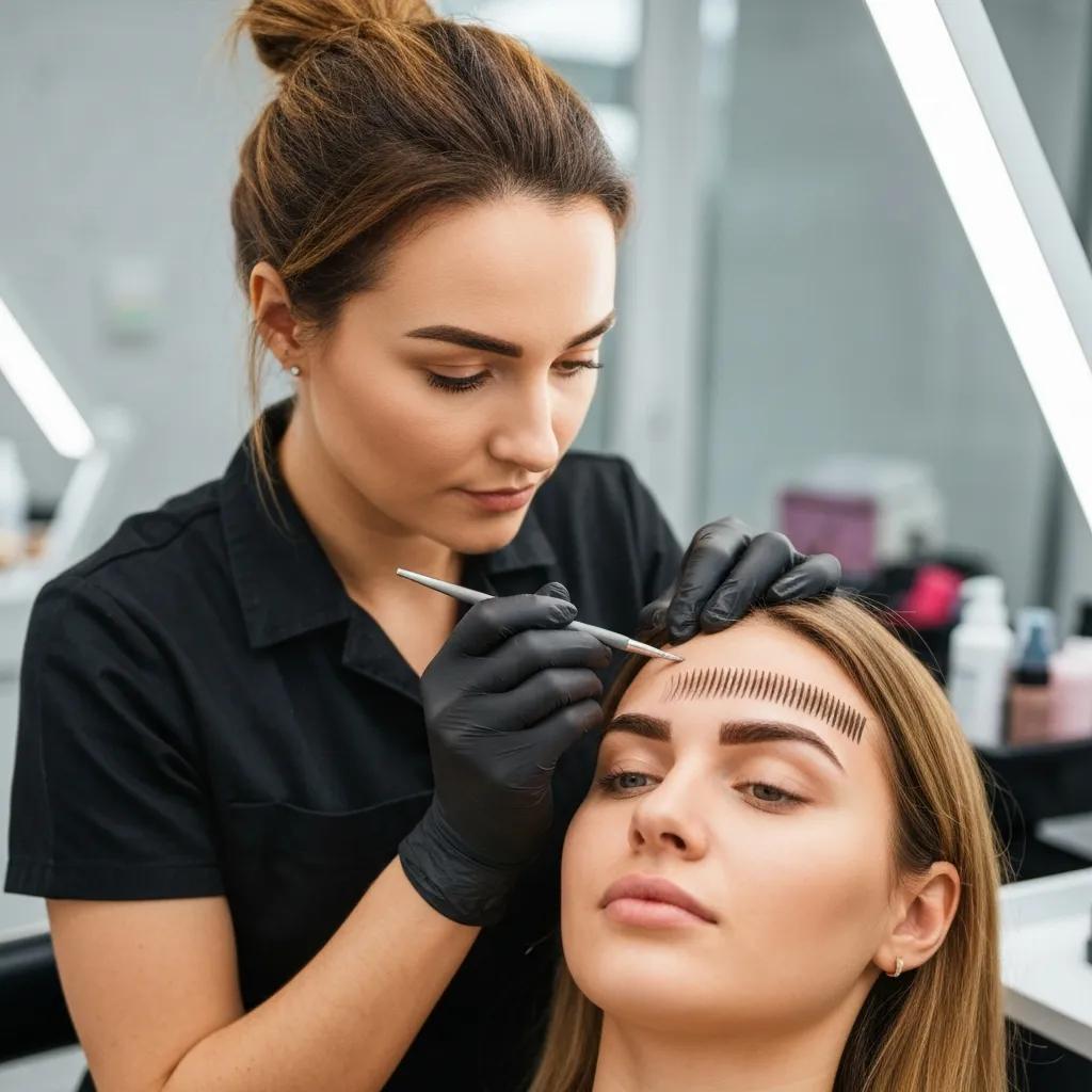 Esthetician shaping feathered brows in a modern Brooklyn salon