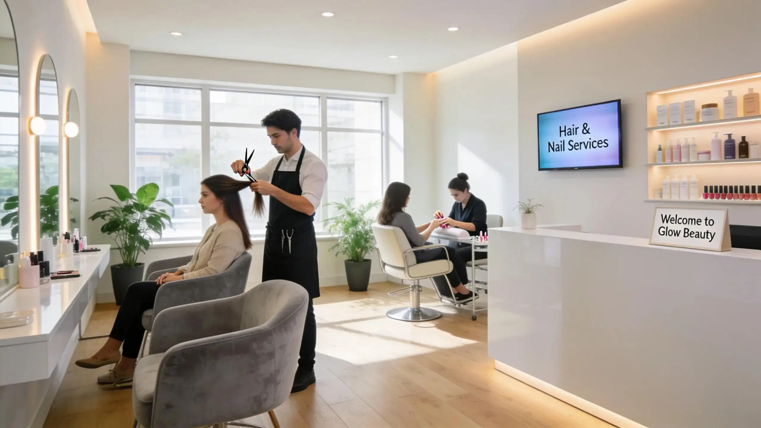 Interior view of a beauty salon showcasing modern design and client interactions