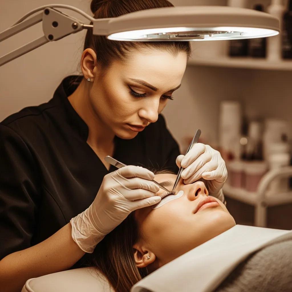 Beauty technician applying eyelash extensions in a professional salon setting, emphasizing maintenance