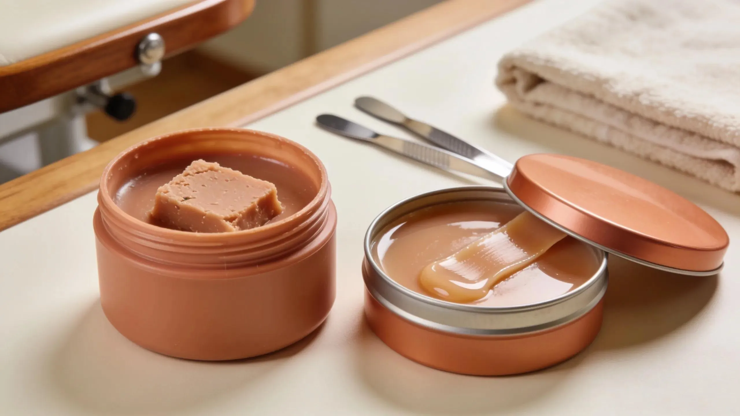 Image of hard wax and soft wax products displayed in a beauty salon setting, illustrating the main topic of waxing types