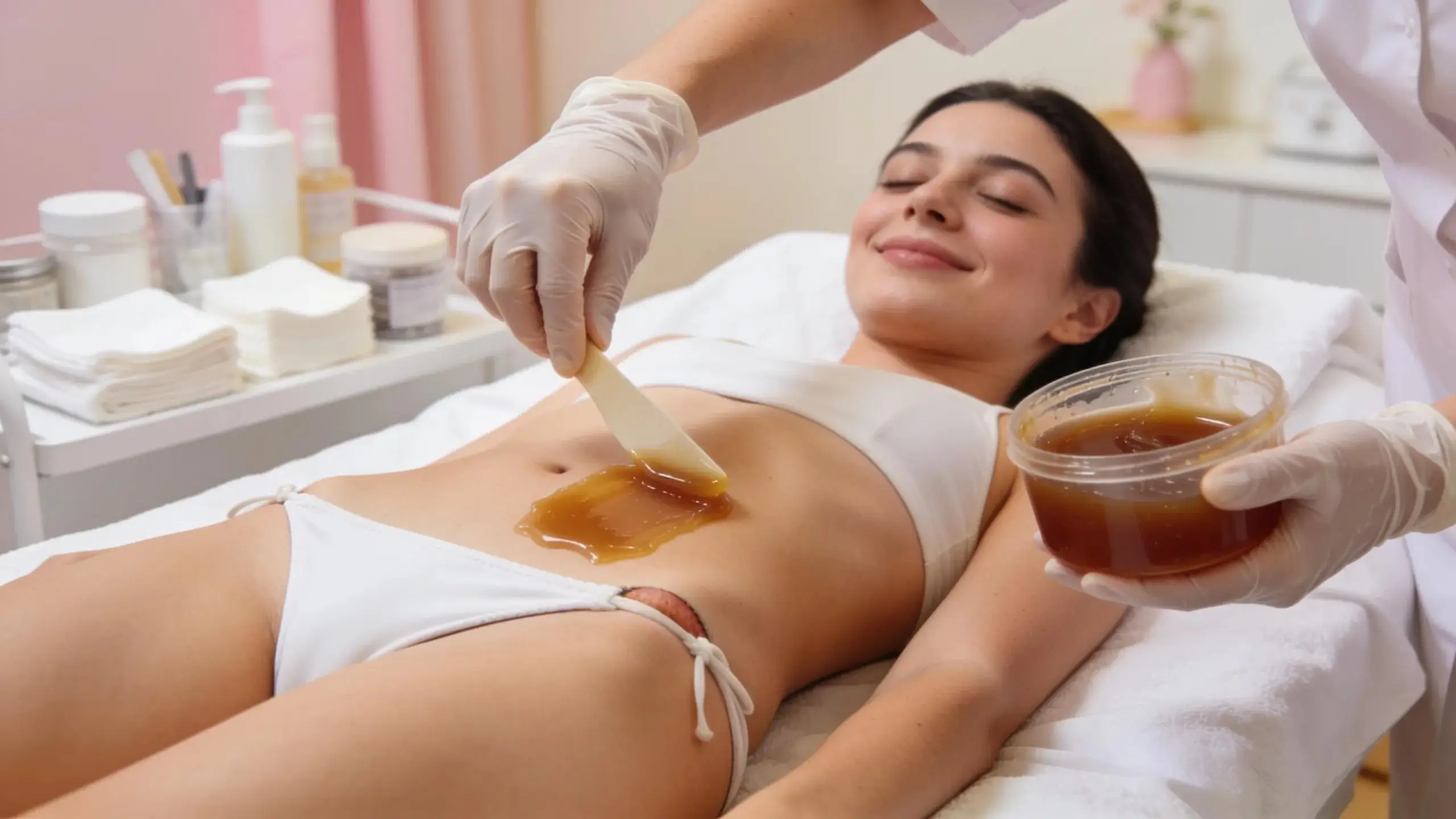 Client undergoing bikini waxing with hard wax in a calm beauty salon, depicting the comfort and advantages of hard wax