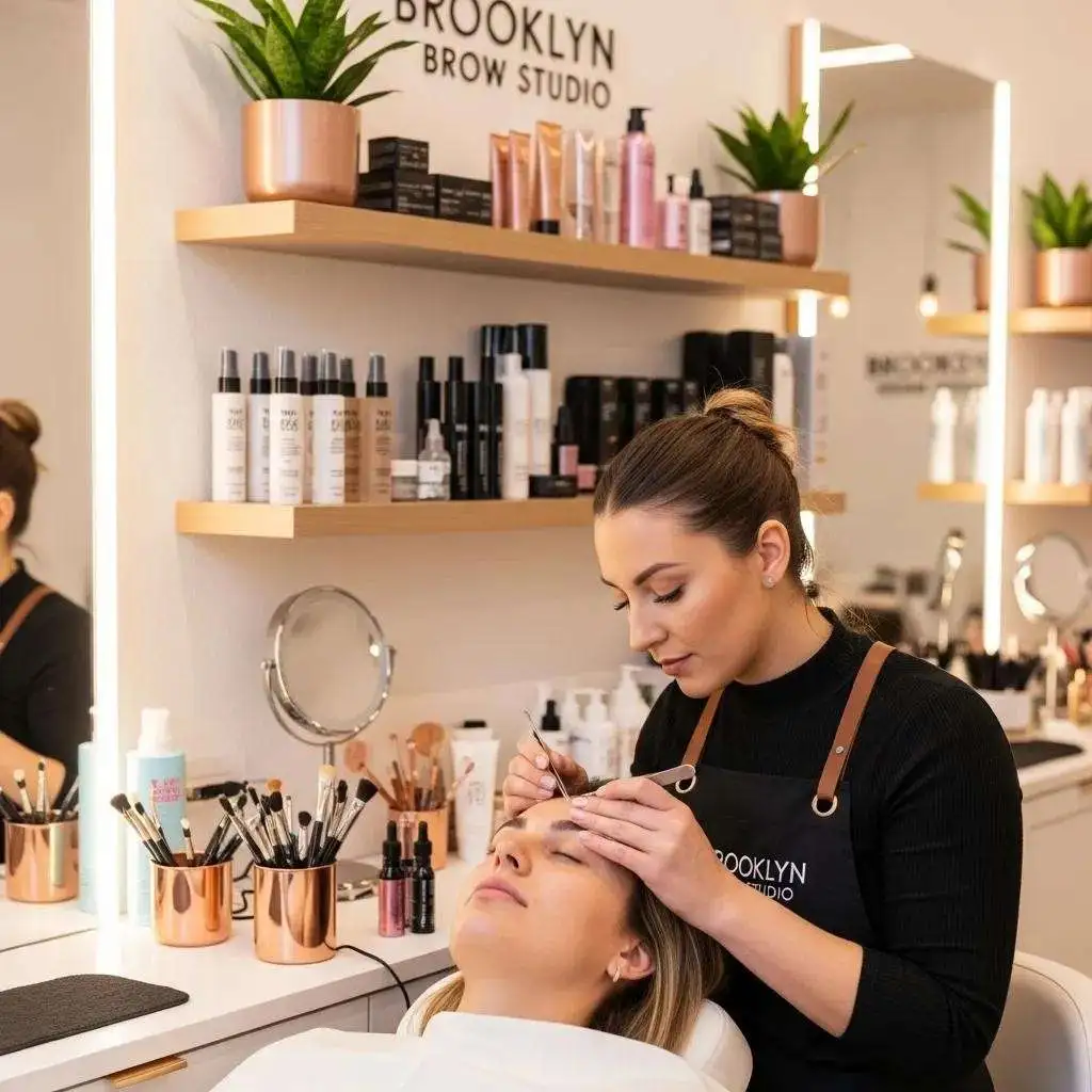 Technician shaping brows in our cozy Brooklyn studio