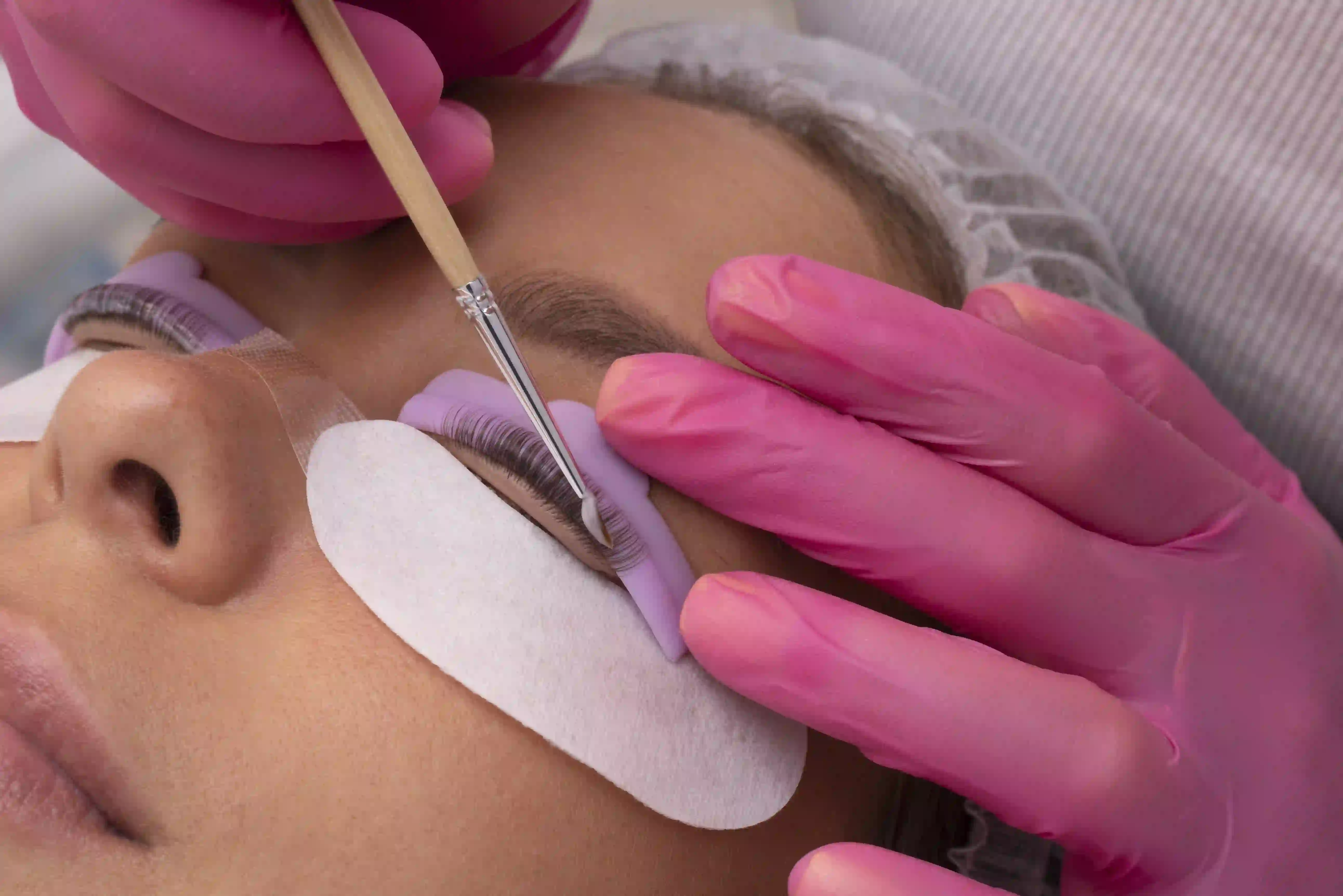 Lash lift and tint treatment process in Brooklyn salon