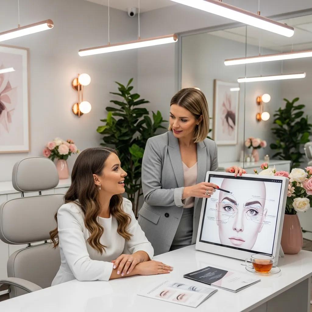Bride consulting with a beauty expert about eyebrow lift options in a modern studio