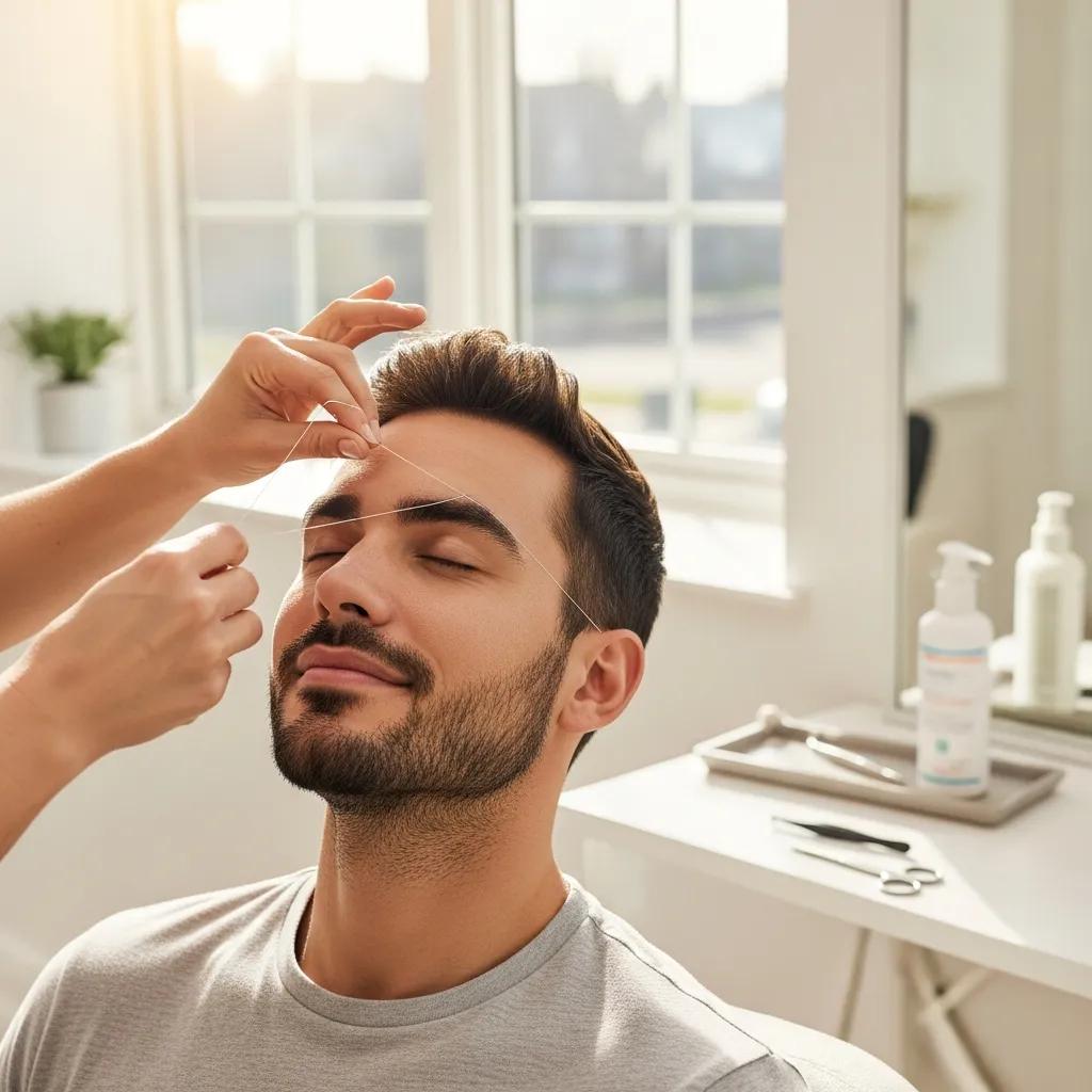 Client receiving eyebrow threading at Brooklyn Brow in Downtown Brooklyn — precise, natural male grooming
