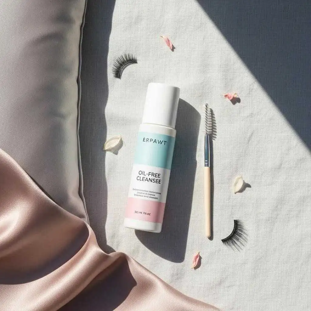 Flat lay of eyelash extension aftercare products including oil-free cleanser and spoolie brush